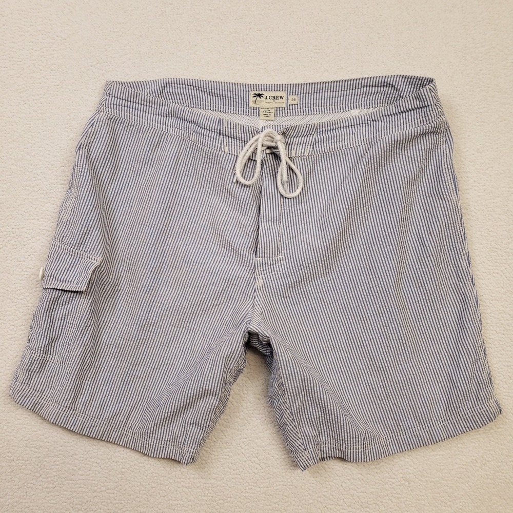 J.CREW Swim Trunks‎ Mens 35 Blue White Striped Seersucker Cotton Board Shorts
